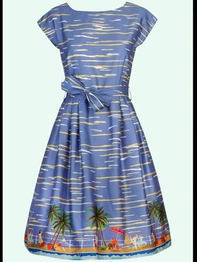 Palava UK Retro Riviera Dress Blue Size 10 Novelty Border Print Organic Cotton